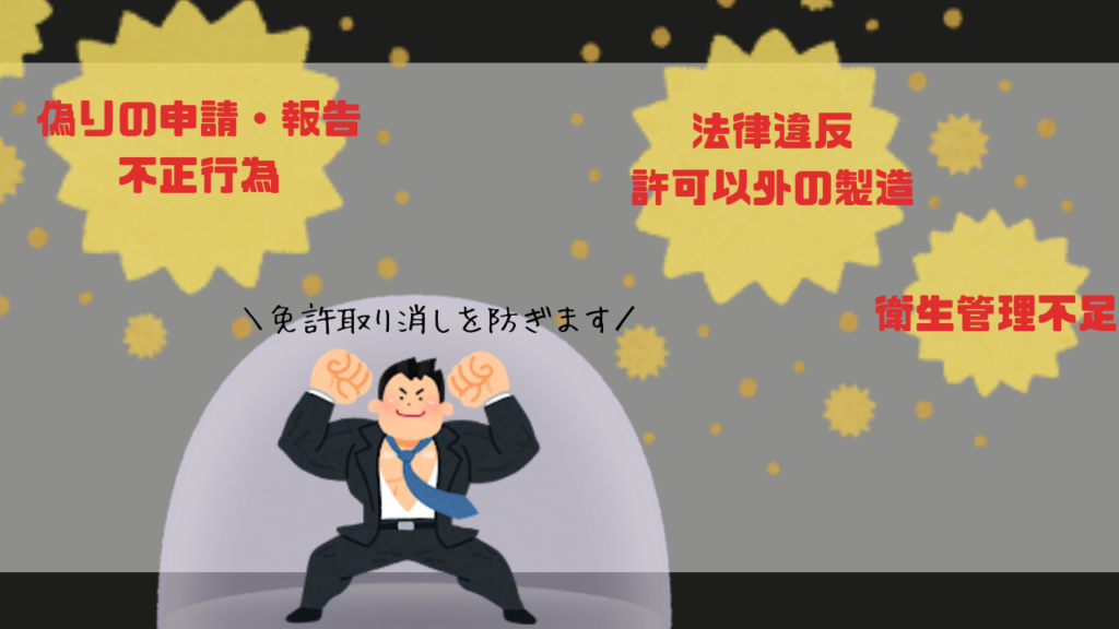 正確な内容の申請や、法令遵守、適切な衛生管理によって酒類免許の取り消しを防いでいる様子